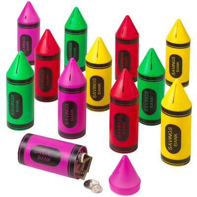 Kicko Crayon Banks - 12 Pack - 6 Inch - for Kids, Party Favors, Stocking Stuffers