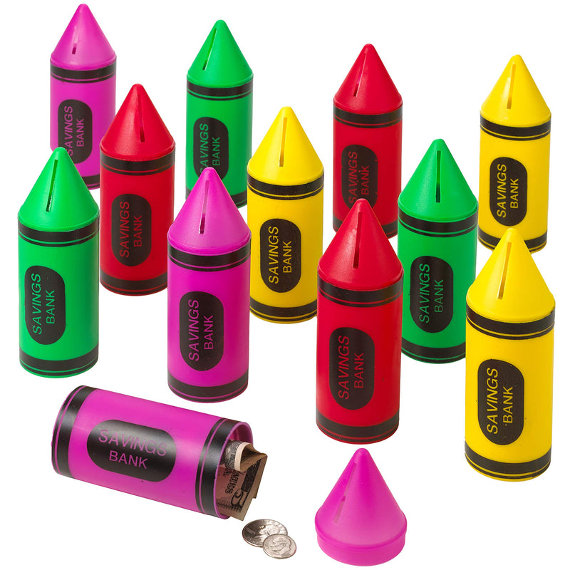 Kicko Crayon Banks - 12 Pack - 6 Inch - for Kids, Party Favors, Stocking Stuffers