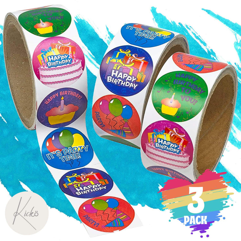 Kicko Birthday Sticker Rolls - 3 Pack - 100 Stickers per Roll Totalling 300 Stickers