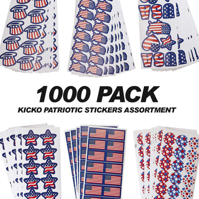 Kicko Patriotic Stickers Assortment - 1000 Pack - USA, American Flag Sheets for the 4th