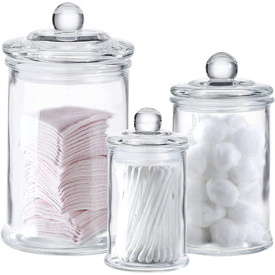 Glass Apothecary Jars With Lids - Set Of 3 - Small Glass Jars For Bathroom Storage / Qtip