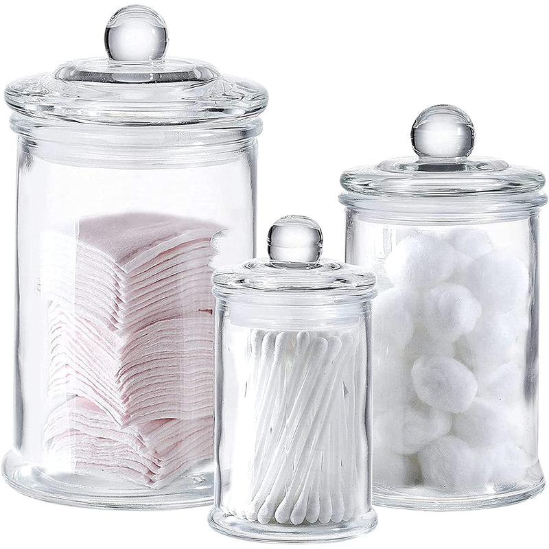 Glass Apothecary Jars With Lids - Set Of 3 - Small Glass Jars For Bathroom Storage / Qtip