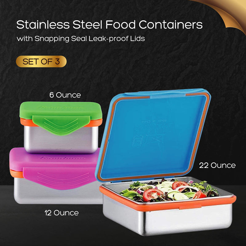 Stainless Steel Food Containers with Snapping Seal Leak-proof Lids Set of 3-6oz 12oz