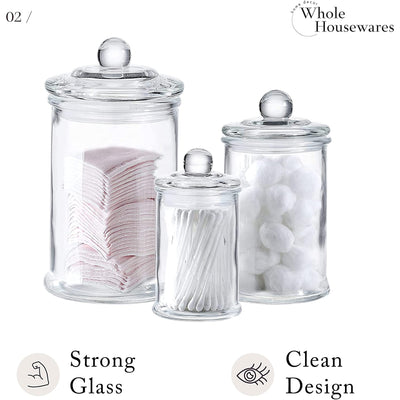 Glass Apothecary Jars With Lids - Set Of 3 - Small Glass Jars For Bathroom Storage / Qtip