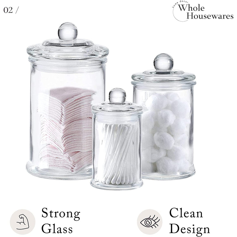 Glass Apothecary Jars With Lids - Set Of 3 - Small Glass Jars For Bathroom Storage / Qtip