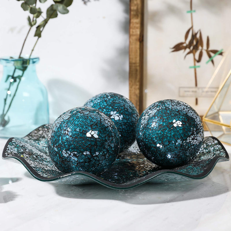 Decorative Balls | Set Of 3 Glass Mosaic Orbs For Bowls | 4" Diameter | Table Centerpiec