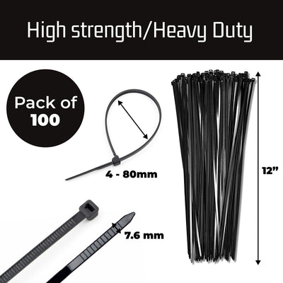 12 Inch Zip Cable Ties (100 Pack), 120Lbs Tensile Strength - Heavy Duty Black