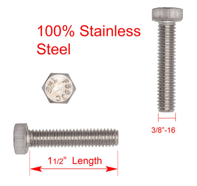 3/8"-16 X 1-1/2" (25pc) Stainless Hex Head Bolt, Fully Threaded, 18-8 Stainless