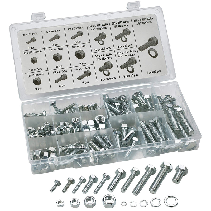 Katzco 240 Piece Standard Nuts and Bolts Set - Zinc Oxide Finish Bolts, Hex Nuts,