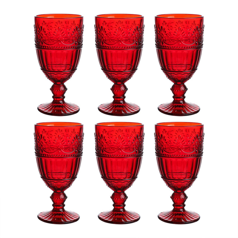 WHOLE HOUSEWARES | Colored Glass Goblet | Set of 6 Drinking Glasses | 11.5 oz Embossed