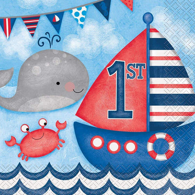 Kicko Nautical Blue First Birthday Paper Napkins - 64 Pack - 6.45 x 6.45 Inches