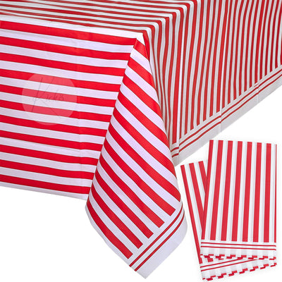 Kicko Ruby Red Striped Plastic Tablecloths - 2 Pack - 54 x 108 Inches - Disposable Table