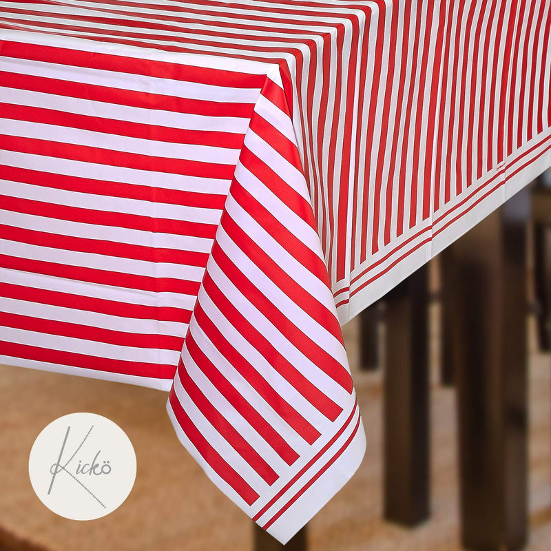 Kicko Ruby Red Striped Plastic Tablecloths - 2 Pack - 54 x 108 Inches - Disposable Table