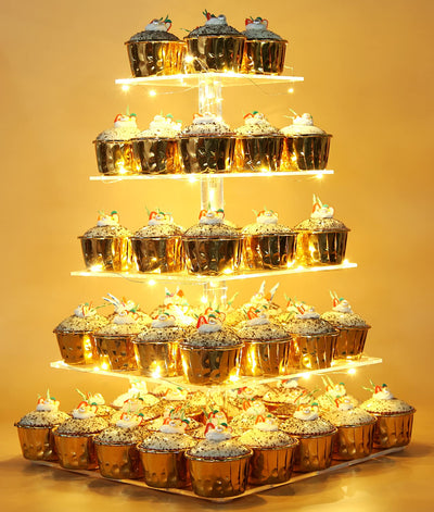 Pastry Stand 5 Tier Acrylic Square Cupcake Display Stand With Led String Lights, Dessert