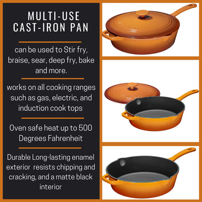 Enameled Cast Iron Skillet Deep Saut Pan with Lid, 12 Inch, Pumpkin Spice, Superior Heat