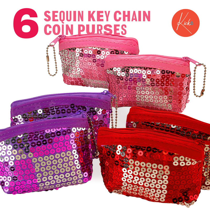 Kicko Mini Sequin Key Chain Coin Purses - 6 Pack - for Kids, Arts, Crafts, Party Favors