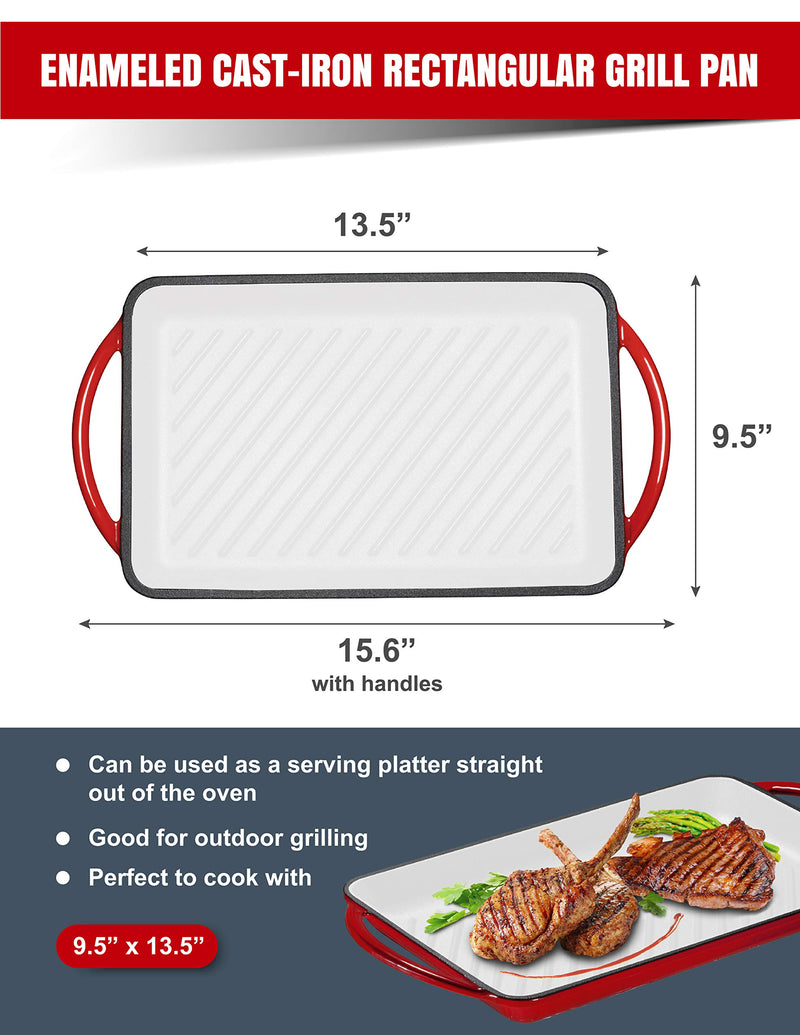 Cast-Iron Rectangular Grill Pan With Dual Handles, Non-Stick Surface, Perfect for Steaks