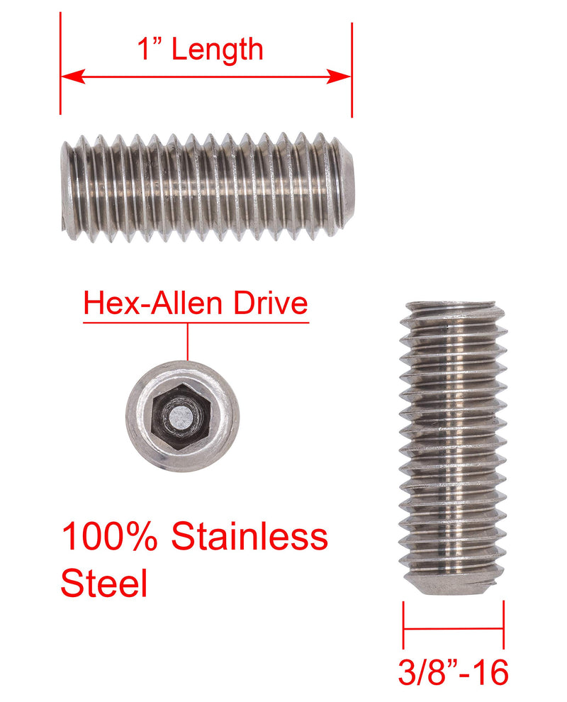 3/8"-16 X 1" Stainless Set Screw with Hex Allen Head Drive and Oval Point (25 pc), 18-8