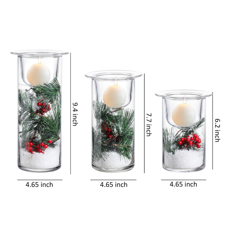 Glass Hurricane Candle Holders with Decorative Christmas Ornaments - Set of 3(Candles Not