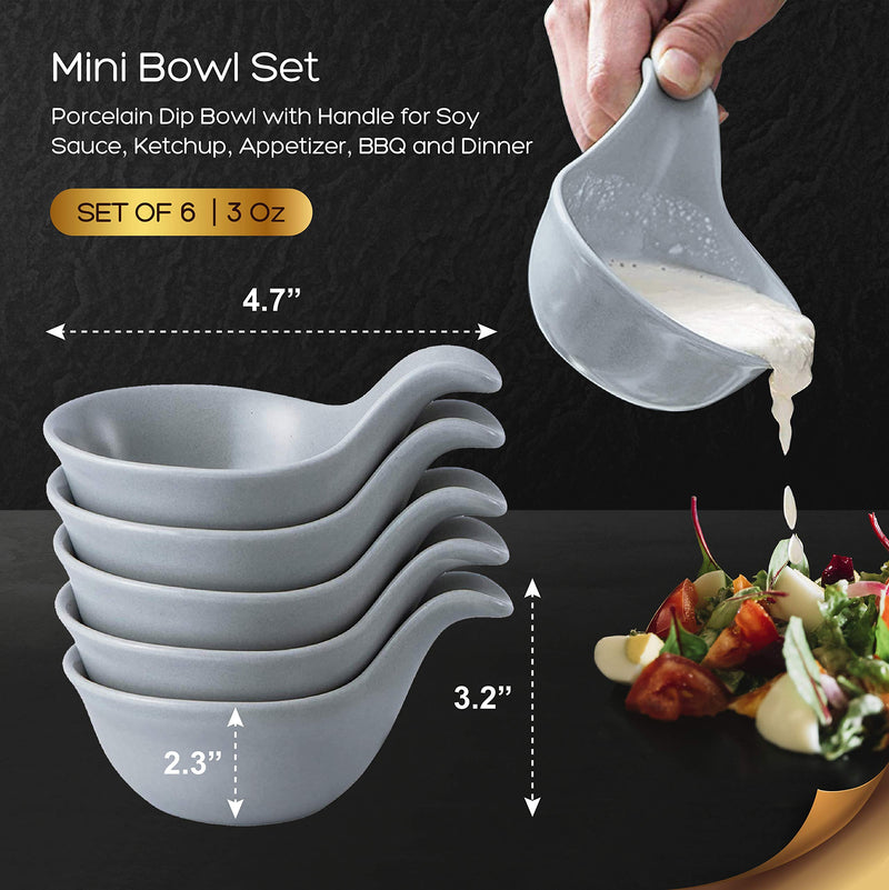 Bruntmor Matte Glazed Set Of 6 Side Dish Porcelain Dip Bowl Set with Handle, for Soy