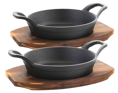 4 Piece Pre-seasoned Cast Iron Fajita Skillets and Sizzle Plates - Round Mini Server