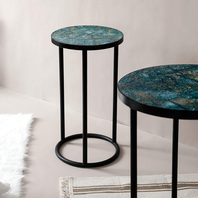 Mosaic Black Metal Round Side Table - Plant Stand - Bistro Table - Glass Top