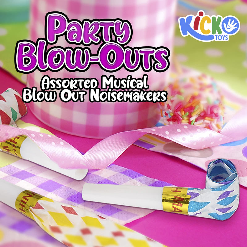 Kicko Party Blow-Outs - 144 Pack - 11 inches Assorted Musical Blow Out Noisemakers - Party