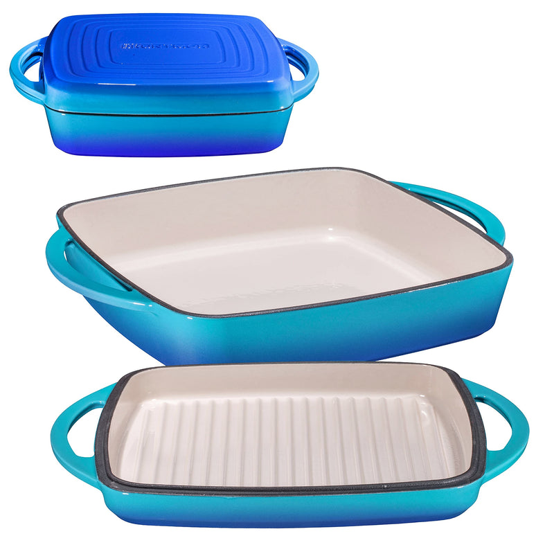 Enameled Square Cast Iron Large Baking Pan. Cookware Baking Dish With Griddle Lid 2In1