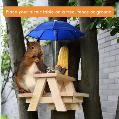 Squirrel Feeder Table With Umbrella - Solid Wooden Chipmunk Picnic Table Feeder