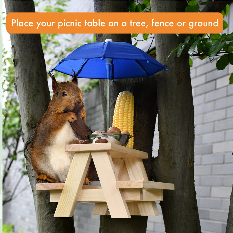 Squirrel Feeder Table With Umbrella - Solid Wooden Chipmunk Picnic Table Feeder