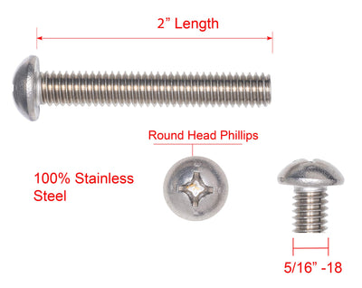 5/16"-18 X 2" Stainless Phillips Round Head Machine Screw, (25pc), Coarse Thread, 18-8