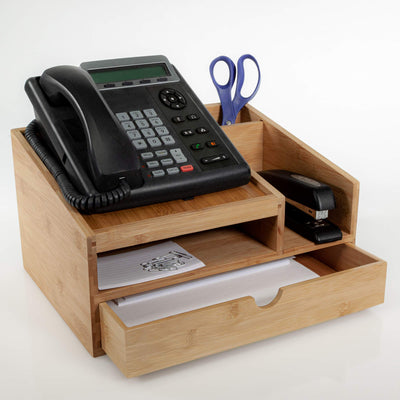 Prosumer's Choice Bamboo Telephone Stand and Desk Organizer with Pull-Out Paper Tray