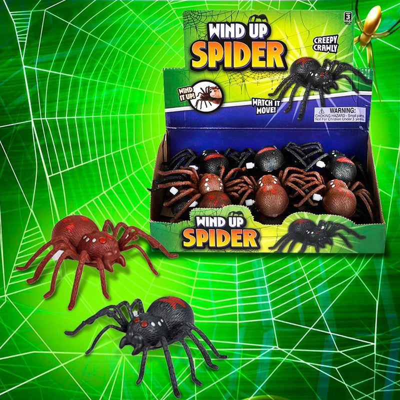 Kicko Wind-Up Spider - Pack of 12, 3 Inch Black and Brown Scary Spiders with Wheels