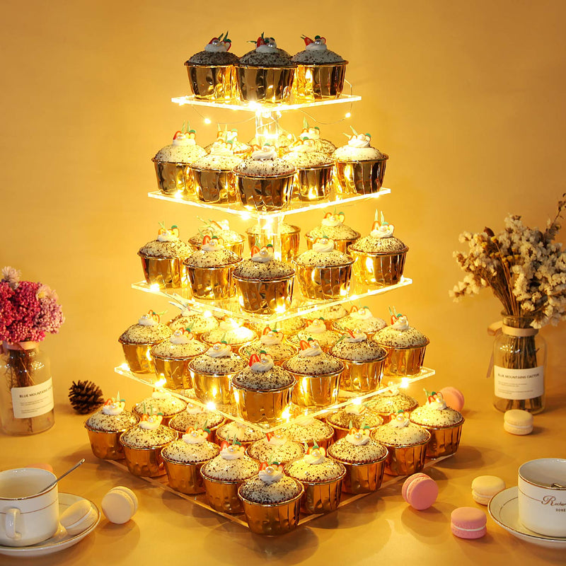 Pastry Stand 5 Tier Acrylic Square Cupcake Display Stand With Led String Lights, Dessert