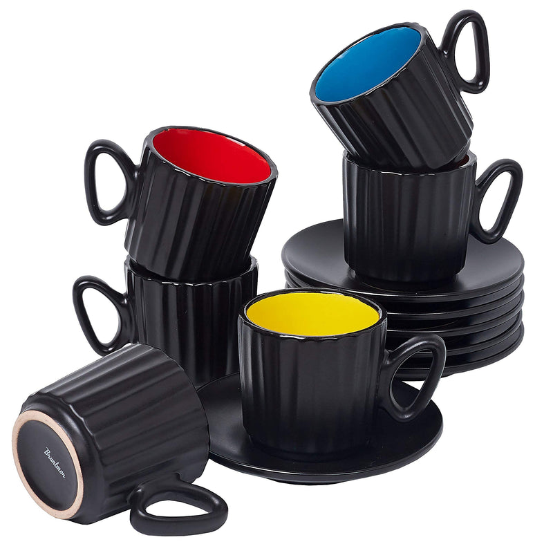 Set of 6 Coffee Mug Sets, 14 Ounce Ceramic Coffee, Ribbed Large-sized Black Coffee Mugs