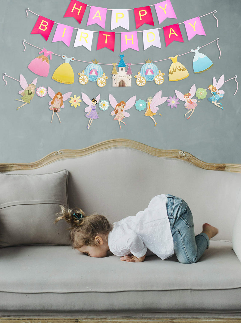 Fairy Birthday Decoration, Flower Fairies Girls Birthday Banner, Pink and Gold Happy