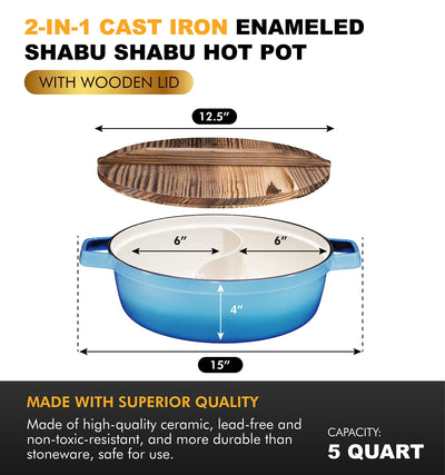 Non-Stick 2-In-1 Cast Iron Enameled Shabu Shabu Hot Pot with Wooden Lid  Heavy Duty 5