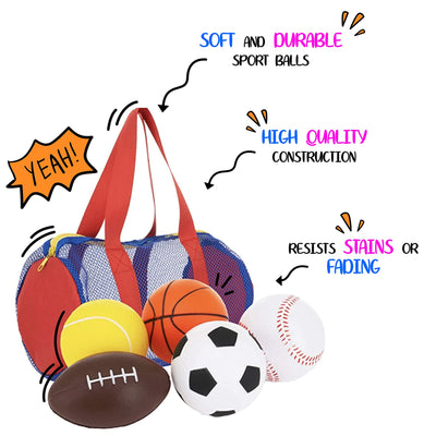 Balls For Kids, Toddler Sports Toys - Set Of 5 Foam Sports Balls + Free Bag - Perfect