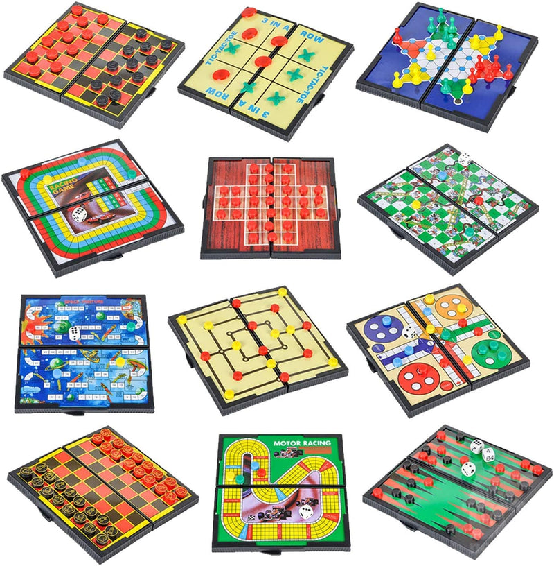 Kicko Magnetic Travel Board Games - 12 Pack - Popular Games Include Checkers, Chess