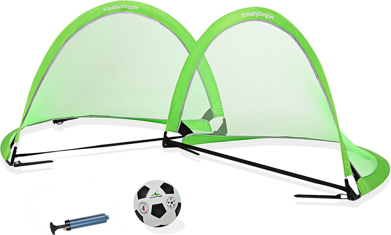 SteadyDoggie Soccer Goal Bundle 3pc (6 Foot) - Pop Up Football Nets Qty 2 - Nylon Wound