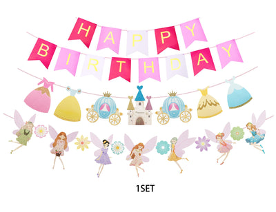 Fairy Birthday Decoration, Flower Fairies Girls Birthday Banner, Pink and Gold Happy