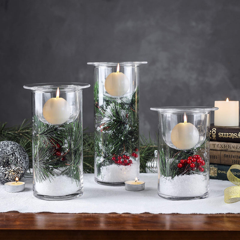 Glass Hurricane Candle Holders with Decorative Christmas Ornaments - Set of 3(Candles Not