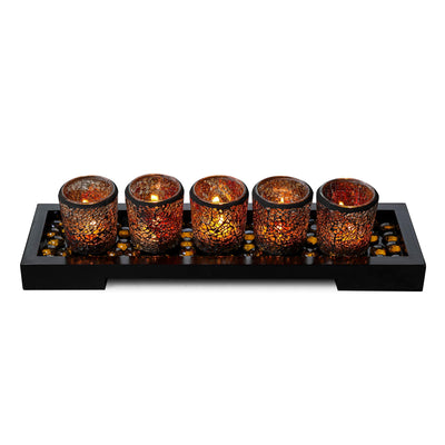 Mosaic Glass Candlescape Set16 Inch Long Decorative Wood Tray,5pcs Mosaic Tlight Holders