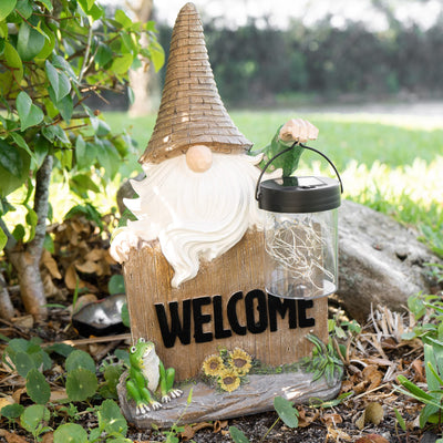 VP Home Welcome Gnome with Lantern and Frog Solar Powered LED Outdoor Decor Garden