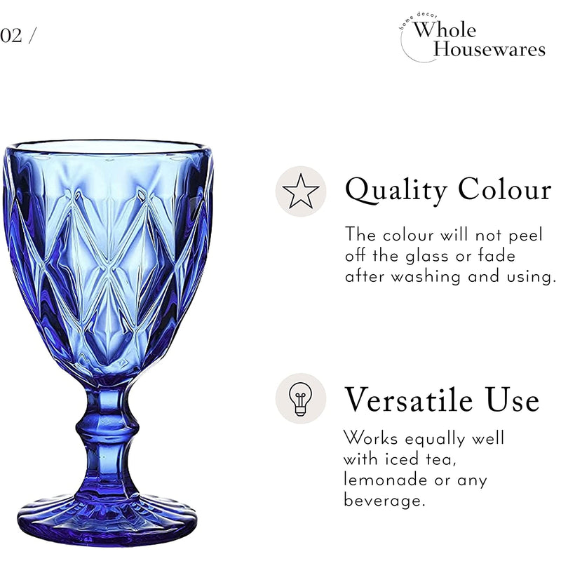 Colored Glass Drinkware | 9.5 Ounce Water Glasses | Set Of 6 | Cobalt Blue Diamond Patte