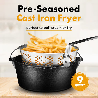 PreSeasoned Cast Iron Fish Fryer 9 Quart Stock Pot Dutch Oven With Aluminum Basket & Lid