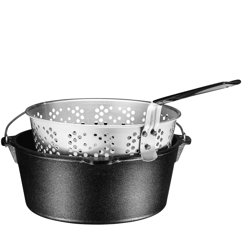 PreSeasoned Cast Iron Fish Fryer 9 Quart Stock Pot Dutch Oven With Aluminum Basket & Lid