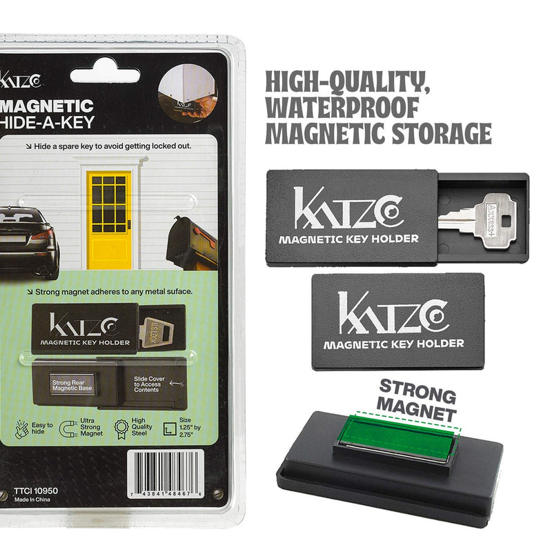 Katzco Magnetic Key Holder - 1.25 x 2.75 Inches - Rugged Black Plastic Cases with Strong Magnets