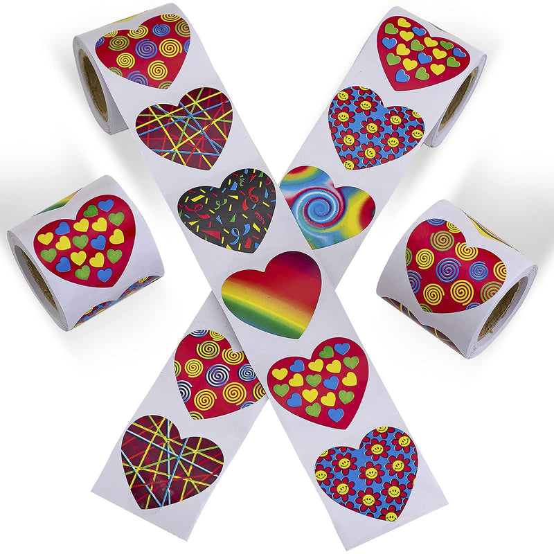 Kicko Funky Heart Stickers Roll - 4 Rolls - Colorful Assorted Design Heart-Shape Stickers