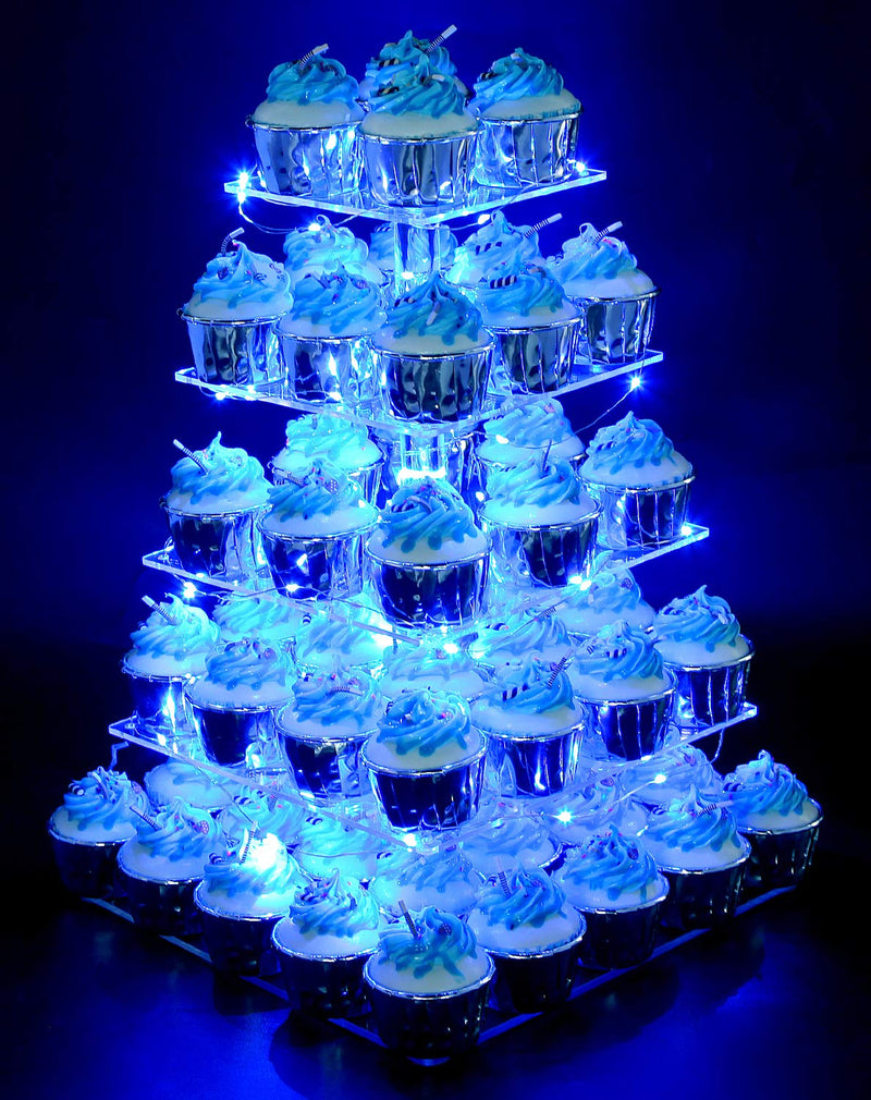 Pastry Stand 5 Tier Acrylic Square Cupcake Display Stand With Led String Lights, Dessert